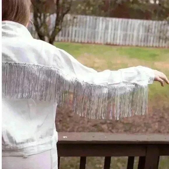 Sequin Fringe White Denim Jacket - Picture 8 of 8